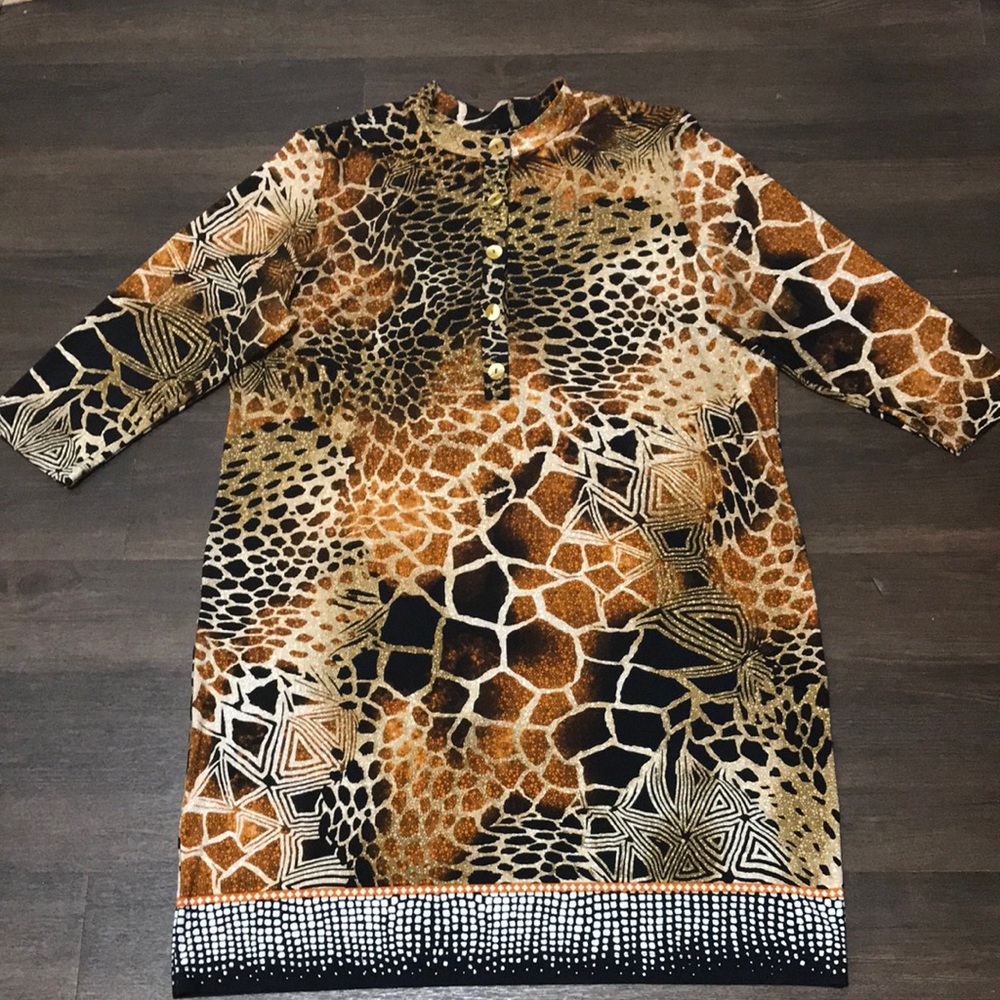Chicos Shift Dress Animal Print Button front 3/4 Sleeves Size 3 Brown Fall